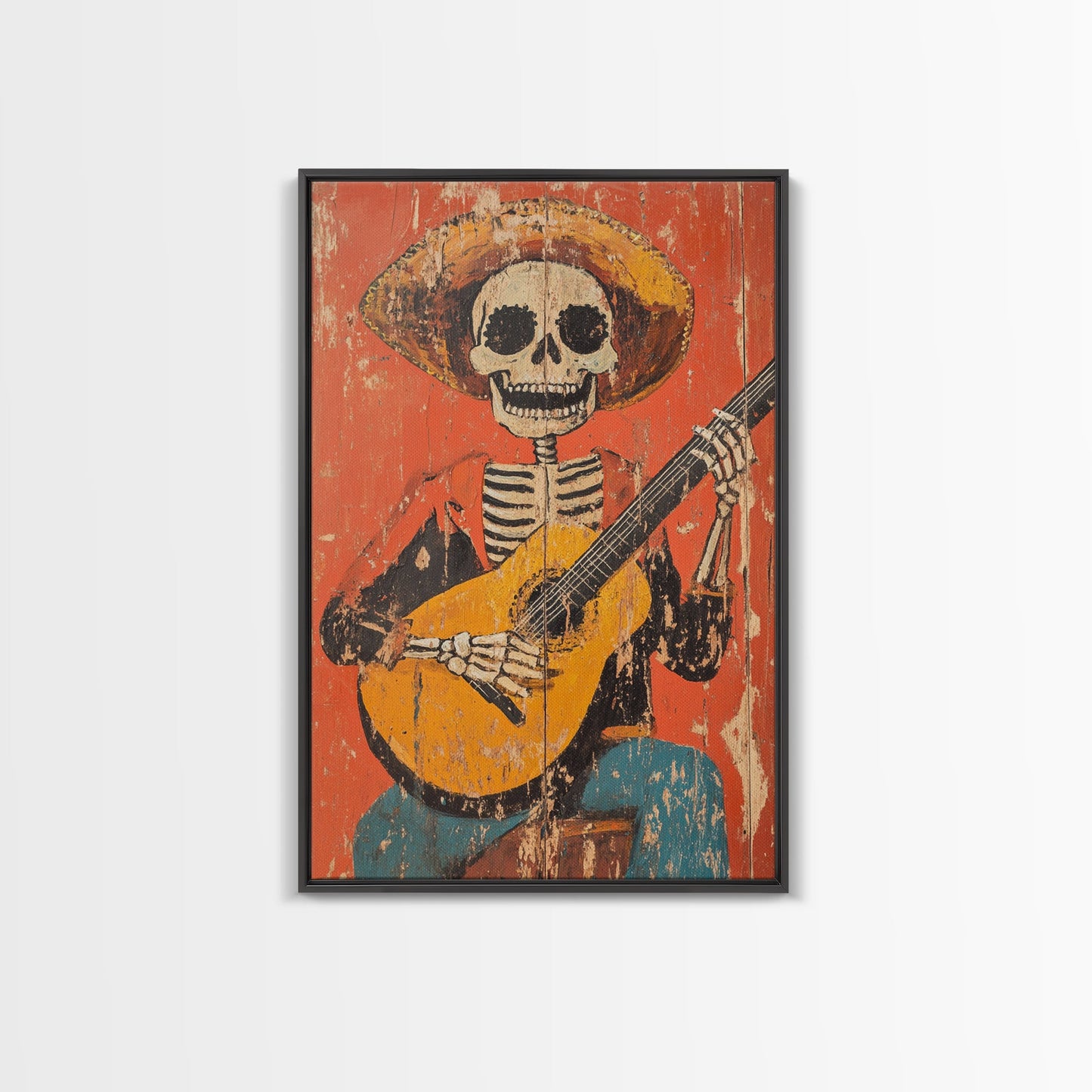 Arte Mexicano - Framed Canvas Print - Chicano Art - Skeleton Vaquero playing a guitarra, Mexican Inspired Wall Art, Southwestern Art