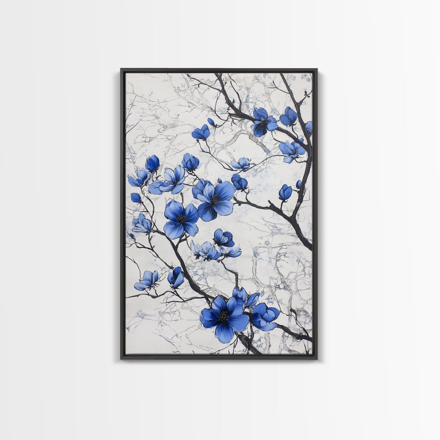 Wabi Sabi Wall Art Framed Canvas Print, Chinoiserie Wall Art, Chinoiserie Style Home Decor, Blue Flower Floral Print Wall Decor