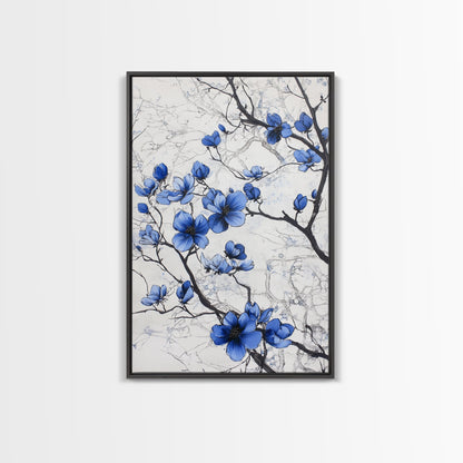 Wabi Sabi Wall Art Framed Canvas Print, Chinoiserie Wall Art, Chinoiserie Style Home Decor, Blue Flower Floral Print Wall Decor