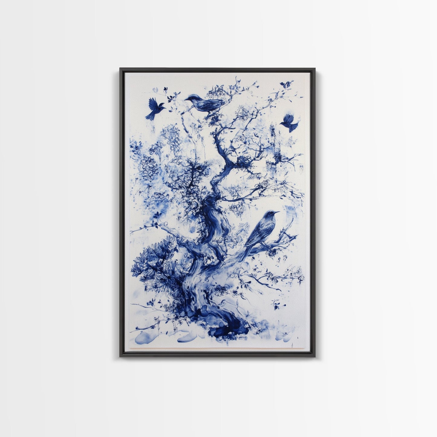 Chinoiserie Wall Art Framed Canvas Print, Blue Tree and Birds, Botanical Print, Birdwatcher Gift Idea, Chinoiserie Style Painting