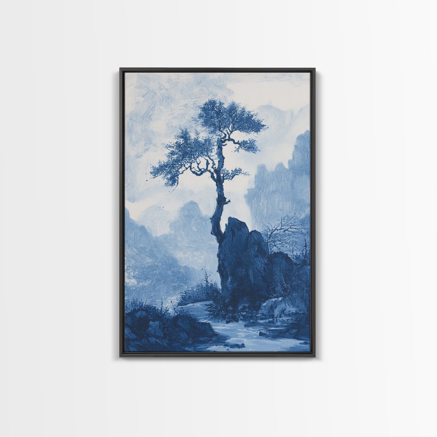 Chinoiserie Wall Art, Chinoiserie Style Canvas Print, Chinoiserie Blue Painting, Retro Boho Style Minimalist Wall Art, Blue Painting
