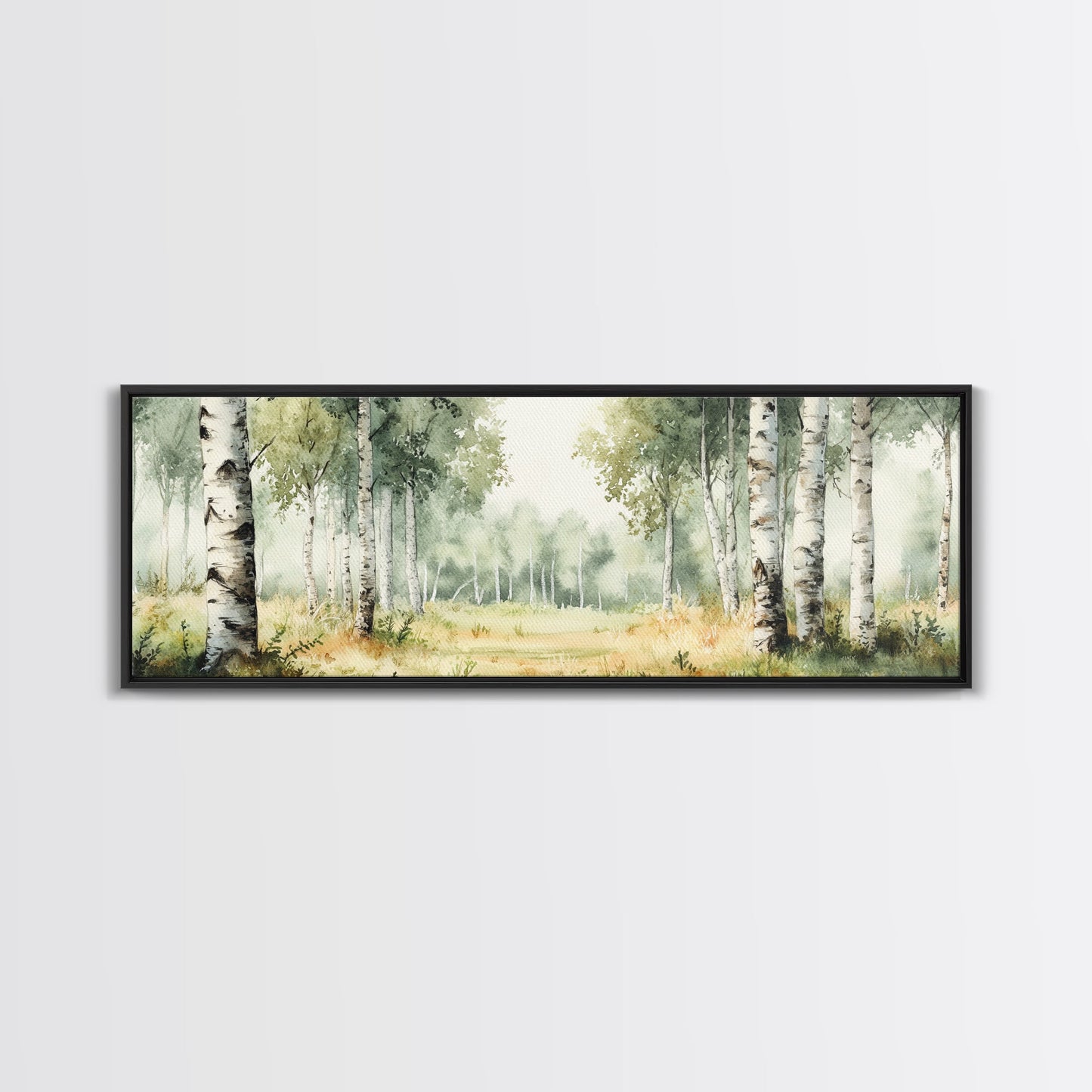 Silver Birch Trees in Spring Panoramic Canvas Print, Panoramic Painting, Aspen Trees Painting, Forest Landscape Horizontal Wall Art