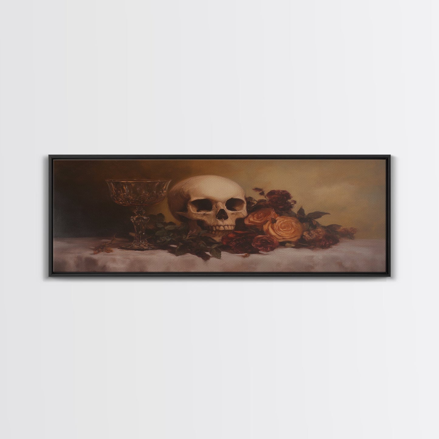Skull and Flowers Canvas Print, Panoramic Goth Art, Extra Wide Wall Art, Goth Home Decor, Wide Art, Gothic Dark Academia Witchy Wall Art