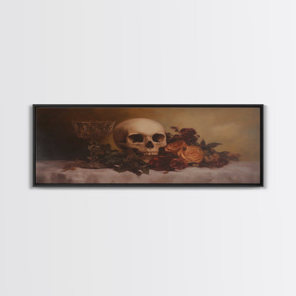 Skull and Flowers Canvas Print, Panoramic Goth Art, Extra Wide Wall Art, Goth Home Decor, Wide Art, Gothic Dark Academia Witchy Wall Art