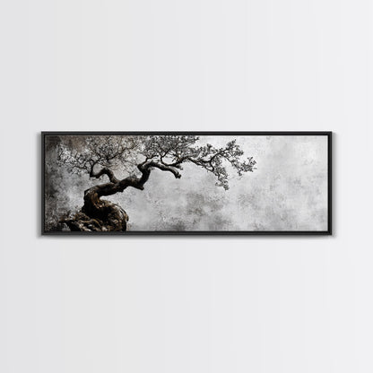 Black and White Bonzai Tree Framed Canvas Print, Wabi Sabi Japanese Style Home Decor, Minimalist Art, Moody Decor, Moody Art