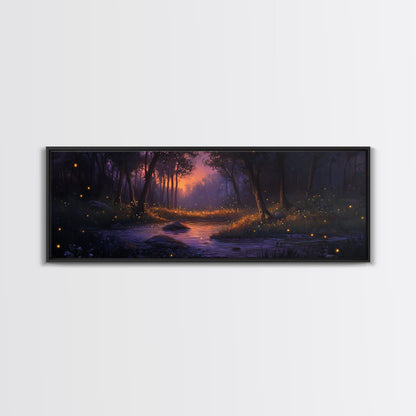 Panoramic Fantasy Forest Canvas Print, Fireflies Light Up The Night Sky in A Fantasy Forest,  Fantasy Painting
