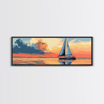 Retro Sailboat Painting Print Framed Canvas - Pop Art Sailboat Painting - Sailboat Wall Art - Nautical Landscape Ocean Painting - Home Decor