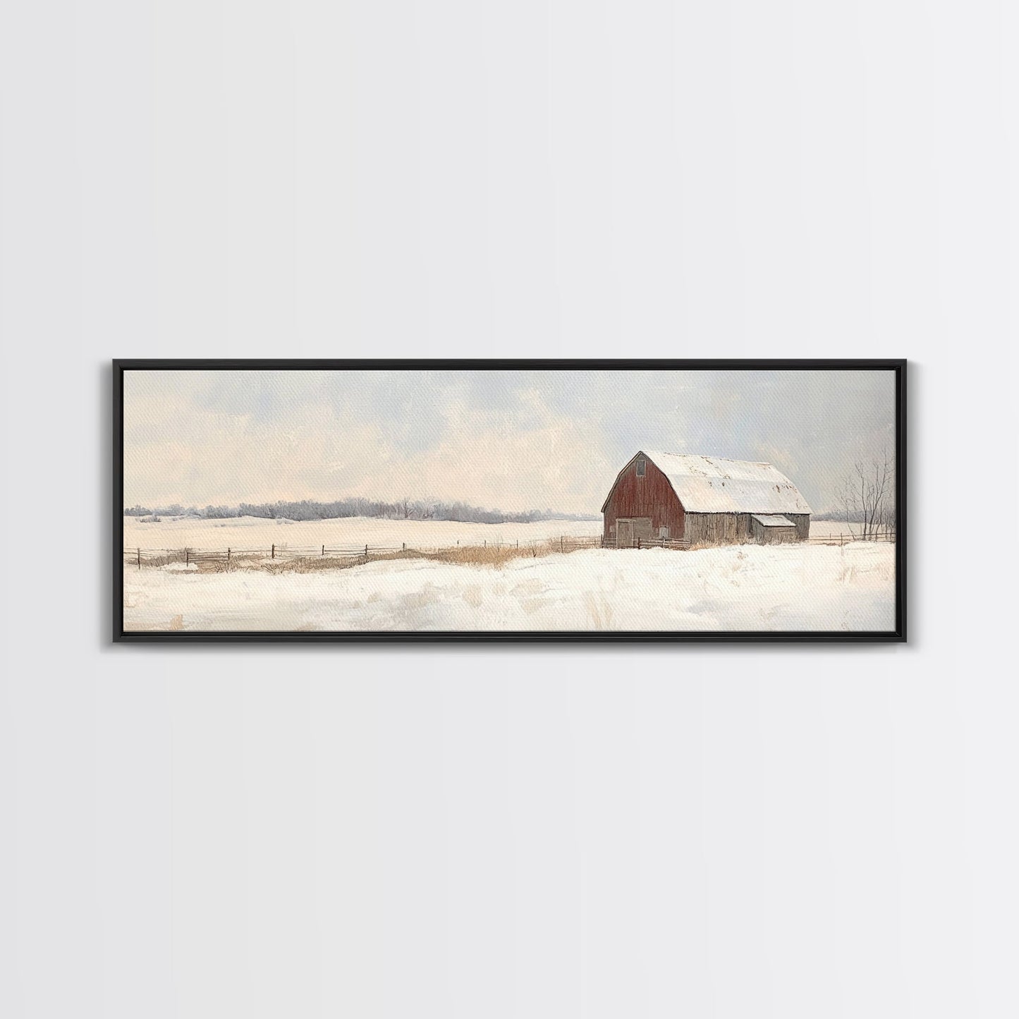 Barn Landscape Oil Painting Print - Retro Farm Wall Art - Village Wall Art - Old Red Barn In Winter - Winter Landscape - Winter Centerpiece Art