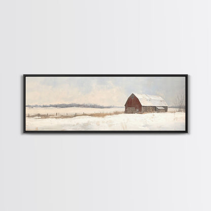 Barn Landscape Oil Painting Print - Retro Farm Wall Art - Village Wall Art - Old Red Barn In Winter - Winter Landscape - Winter Centerpiece Art