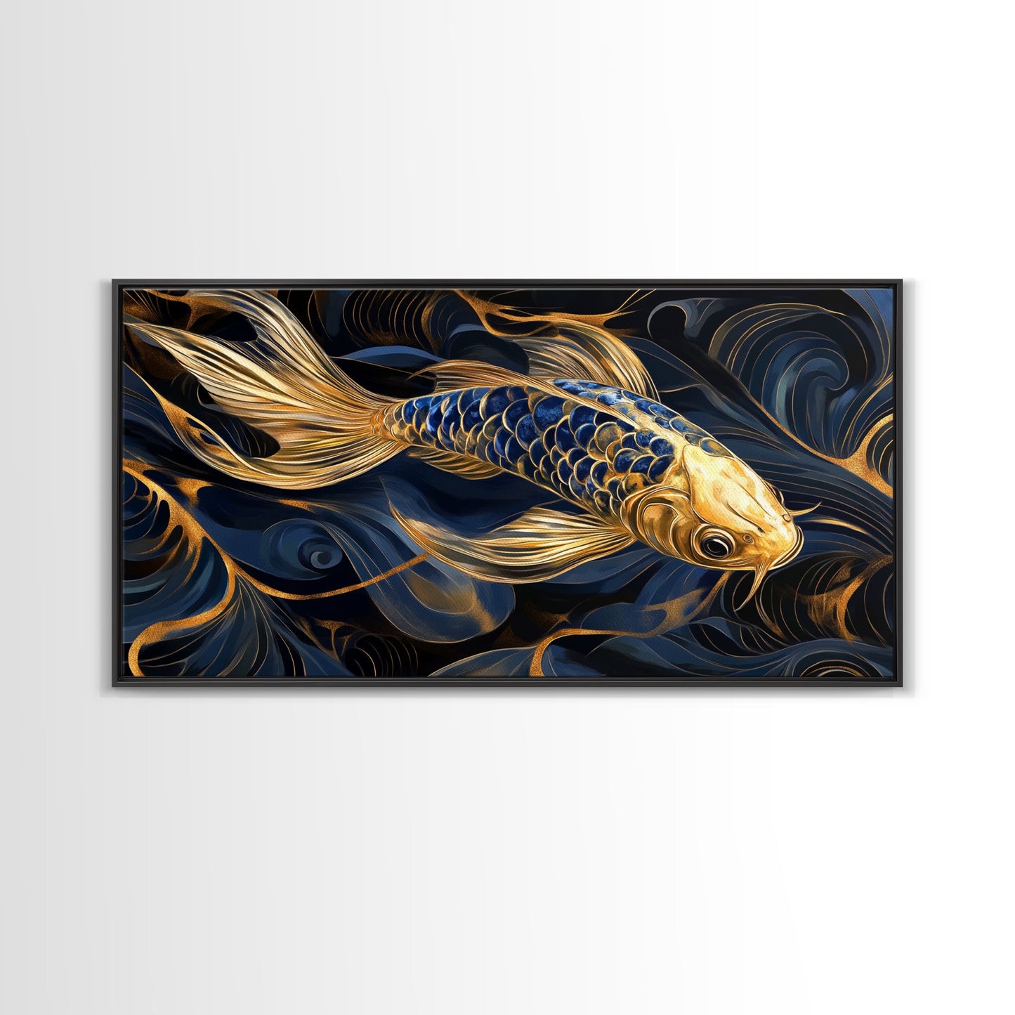 Black and Gold Koi Fish Framed Canvas Print, Wabi Sabi Style Home Decor, Koi Fish Painting Koi Fish Art, Modern Living Room Decor