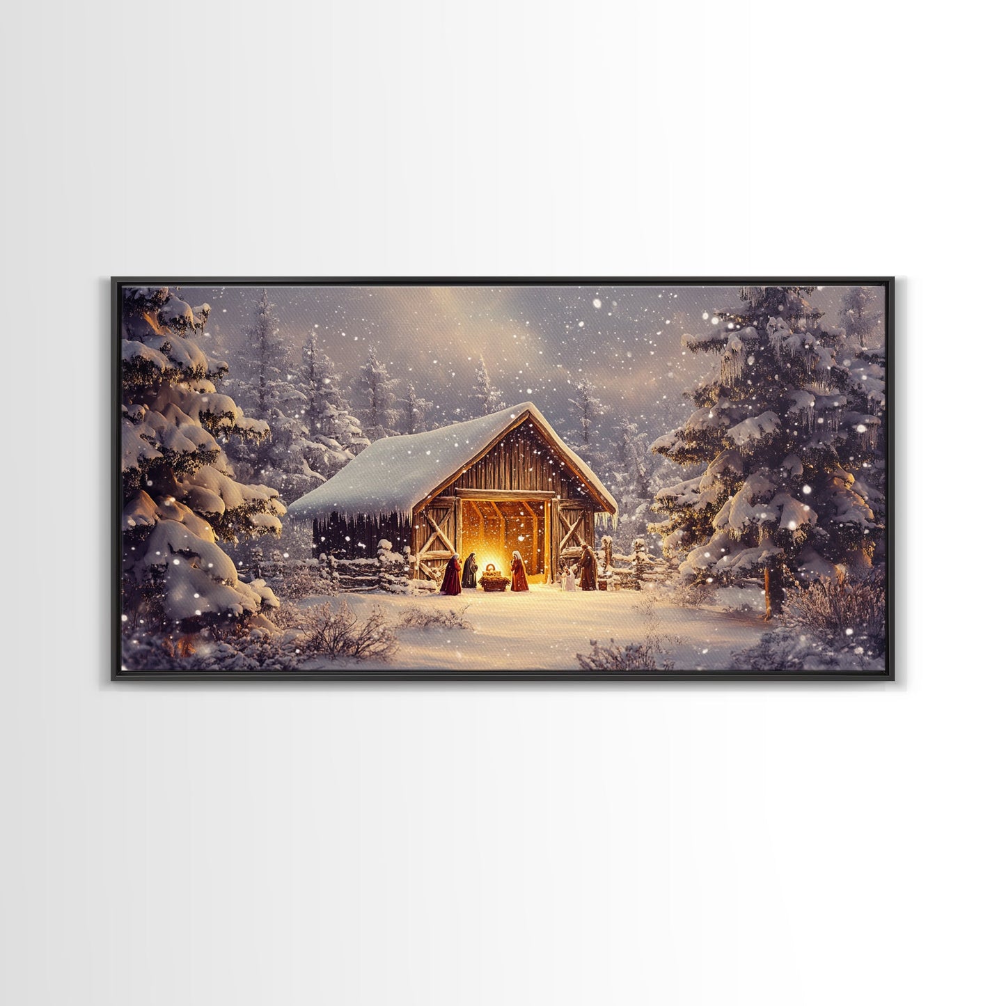 Nativity Scene Framed Canvas Print, Jesus in His Manger, Christmas Wall Art, Christmas Centerpiece Art, Nativity Oil Painting