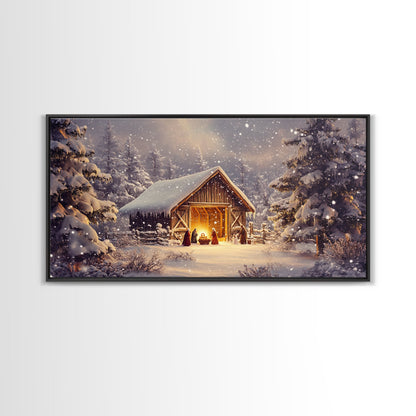 Nativity Scene Framed Canvas Print, Jesus in His Manger, Christmas Wall Art, Christmas Centerpiece Art, Nativity Oil Painting