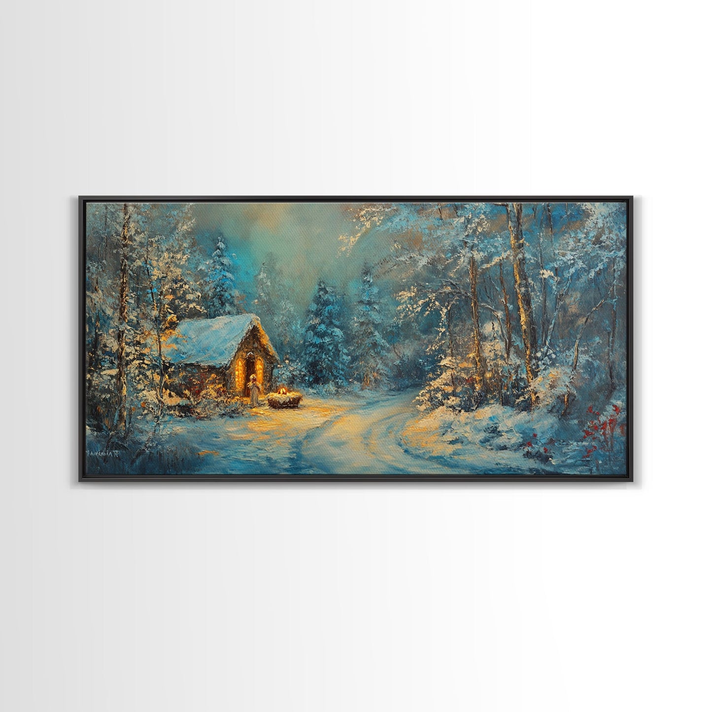 Above Mantle Christmas Wall Art, Framed Canvas Print, Cabin Art, Wall Art For Cabin, Winter Landscape Painting, Winter Themed Home Decor