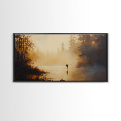 Retro Oil Painting Print of a Fly Fisher - Framed Canvas Print - Fishing Wall Art, Fisherman Painting, Fishing Gift, Gift for Fisher