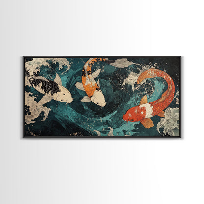 Large Oil Painting of Koi Fish Canvas Print, Vibrant Koi Fish Wabi Sabi Japanese Style Artwork, Minimalist Home Decor Living Room Wall Art
