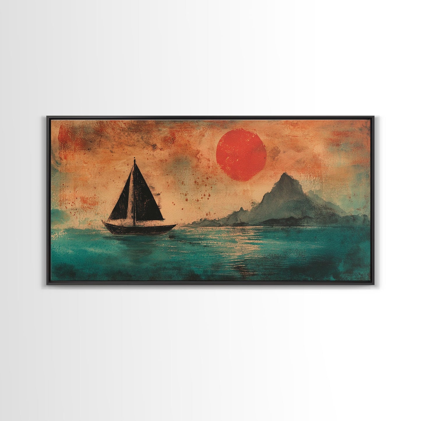 Wabi Sabi Wall Art, Japanese Sailboat Painting Print, Framed Canvas, Ocean Art, Beach House Decor, Bedroom Wall Art, Nautical Wall Art