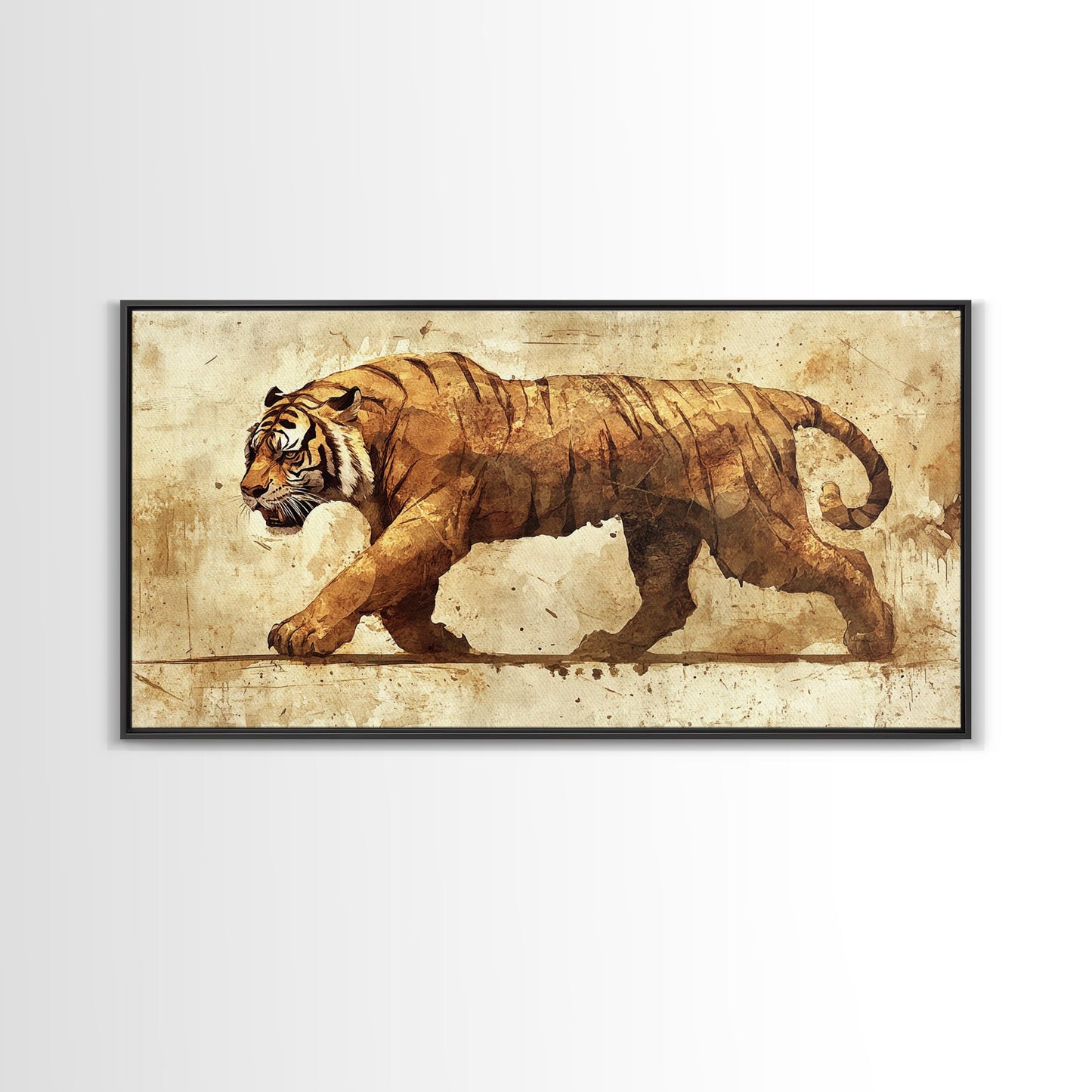 Tiger On The Hunt, Framed Canvas Print, Wabi Sabi Tiger Painting, Elegant Japanese Style Artwork