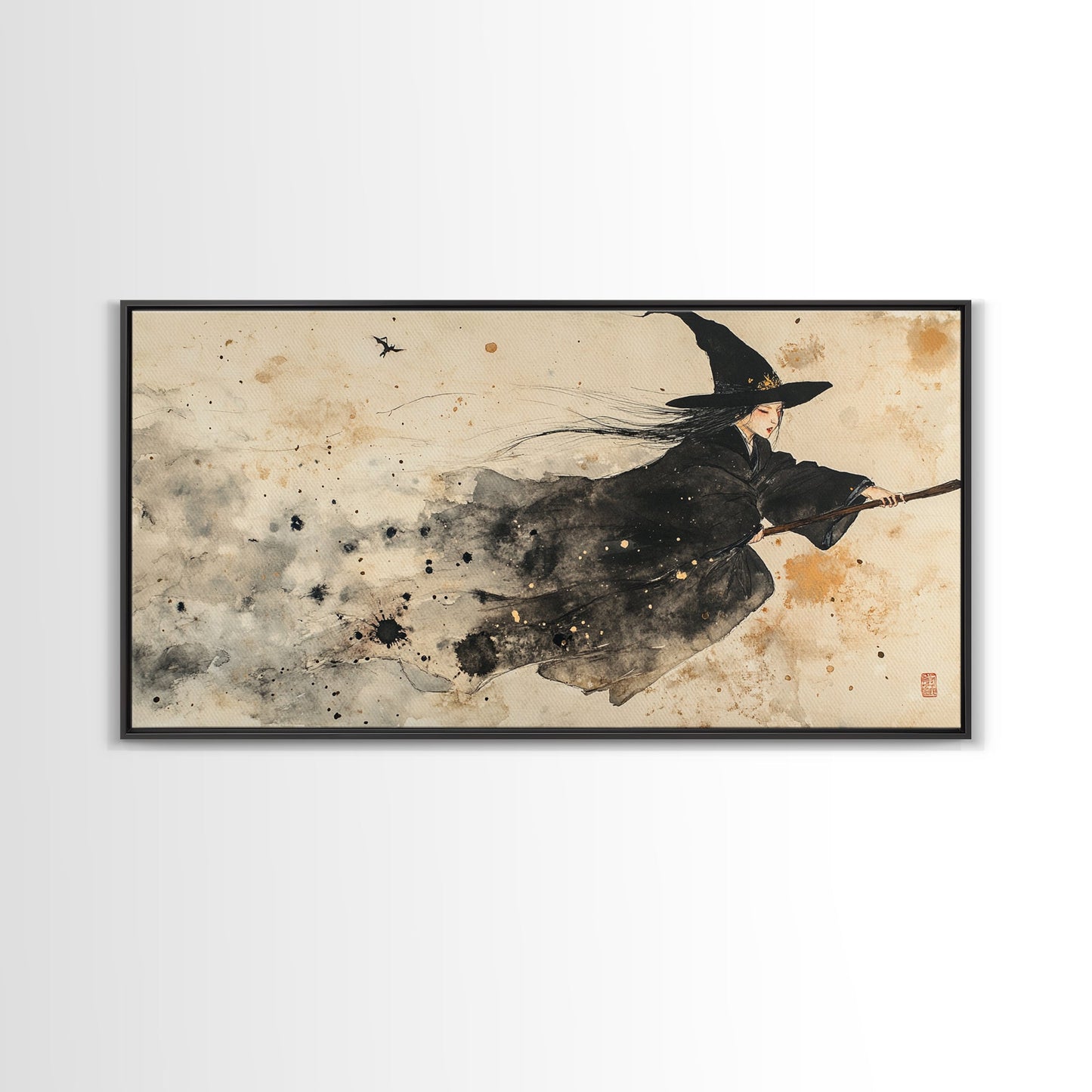 Wabi Sabi Witch Rides Her Broom - Framed Canvas Print - Witch Painting - Witchy Wall Art - Witch Decor