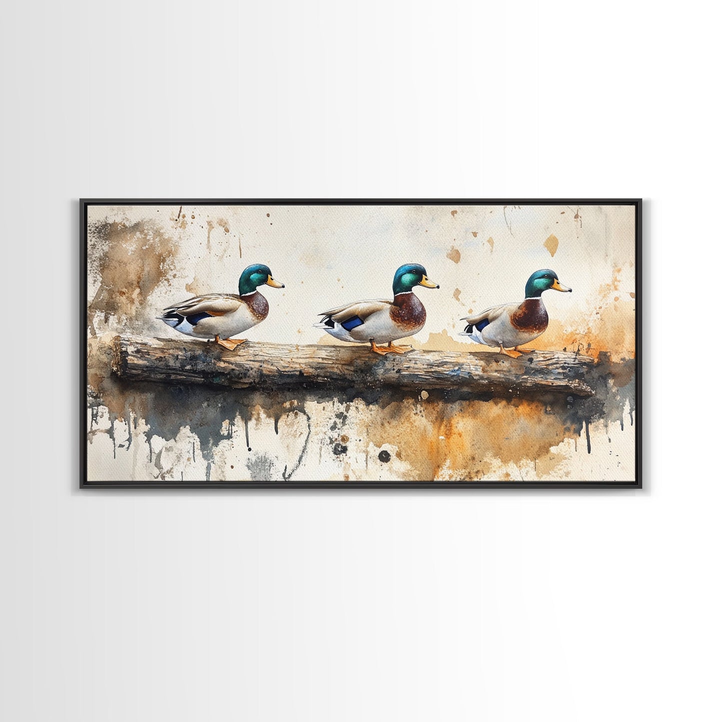 Rustic Duck Painting Canvas Print, 3 Ducks On A Log, Framed Canvas Nature Painting, Landscape Painting, Nature Art, Meadow Painting Cabin Art