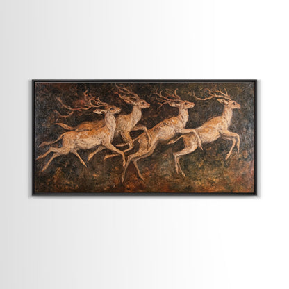 Deer In The Forest 19th Century Folk Art Style Canvas Print, Folk Art Oil Painting Print, Liminal Art, Abstract Painting Home Decor