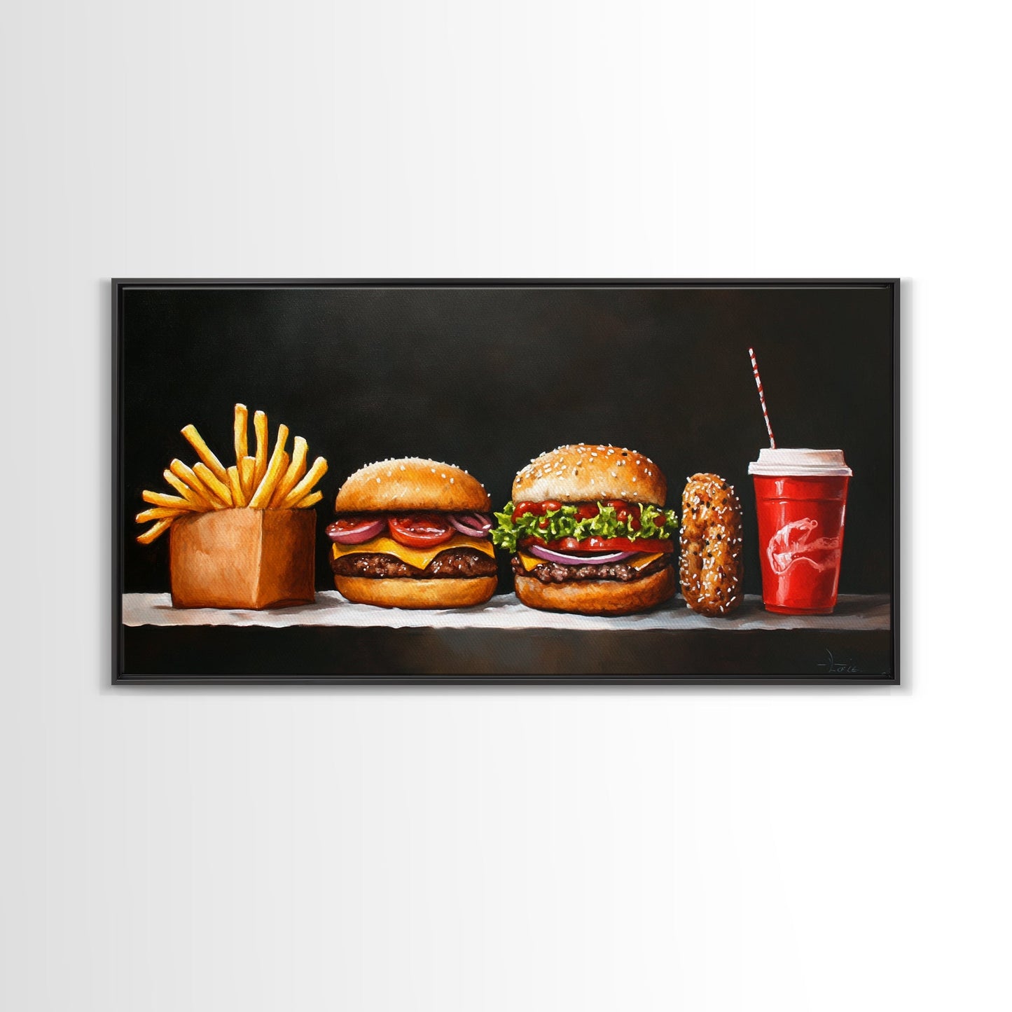 Burger and Fries Framed Canvas Print, Kitchen Canvas Art, Kitchen Wall Art, Burger Painting, Burger Art, Dining Room Wall Art