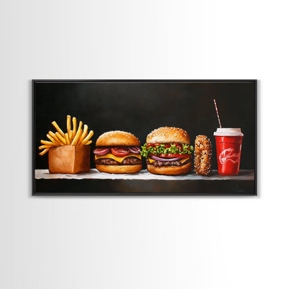 Burger and Fries Framed Canvas Print, Kitchen Canvas Art, Kitchen Wall Art, Burger Painting, Burger Art, Dining Room Wall Art