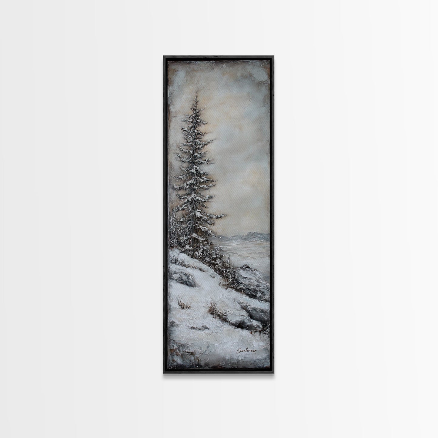 Framed Canvas Print Winter Pine Tree Art Rustic Landscape Wall Art Tall Narrow Art Cozy Cabin Decor Above Sofa Art