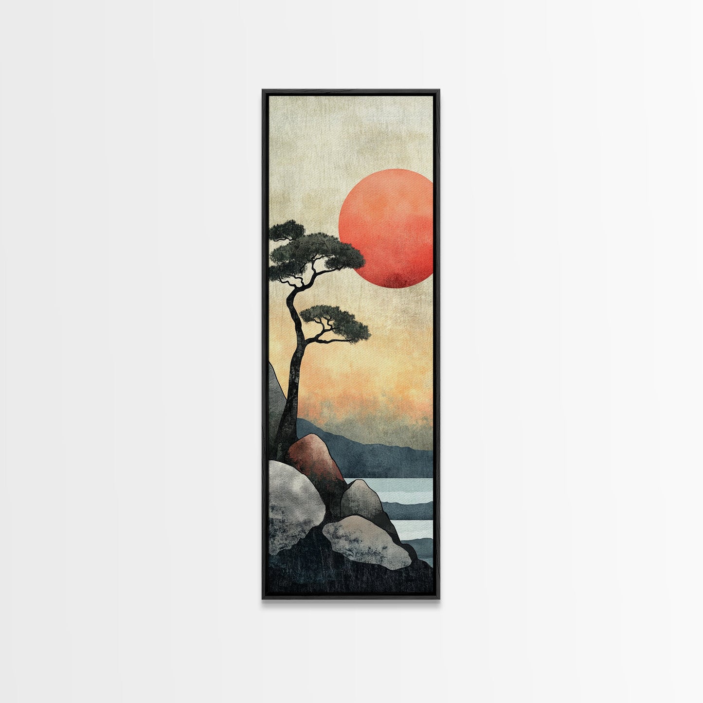 Japanese Landscape with Sunset Canvas Print, Red Sun Over Mountains, Minimalist Nature Art, Coastal Wall Art, Framed Canvas Print, Boho Decor