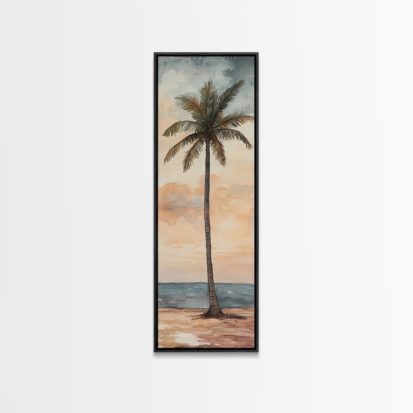 Framed Canvas Print Coastal Palm Tree Art, Sunset Beach Scene, Tropical Coastal Wall Art, Nautical Decor, Skinny Wall Art Gift Idea