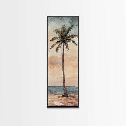 Framed Canvas Print Coastal Palm Tree Art, Sunset Beach Scene, Tropical Coastal Wall Art, Nautical Decor, Skinny Wall Art Gift Idea