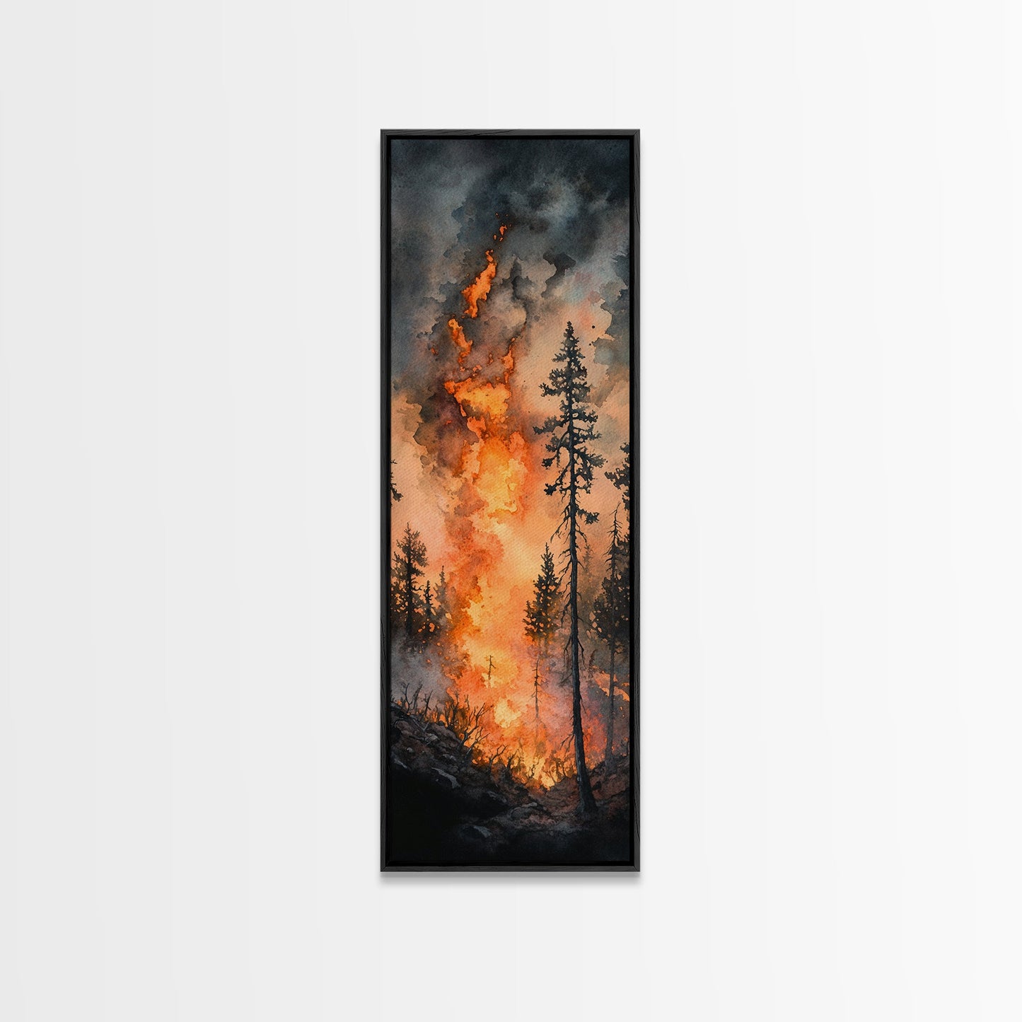 Fiery Forest Flames Canvas Print – Dark Moody Art, Forest Fire Scene, Dramatic Wall Art, Wabi Sabi Wall Art, Above Bed Decor, Rustic Wall Art