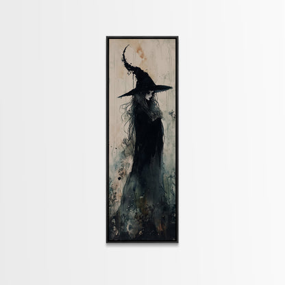 Mystical Witch in Black Forest Art - Framed Canvas Print for Halloween, Gothic Decor, Witch Art, Dark Home Decor, Long Wall Art