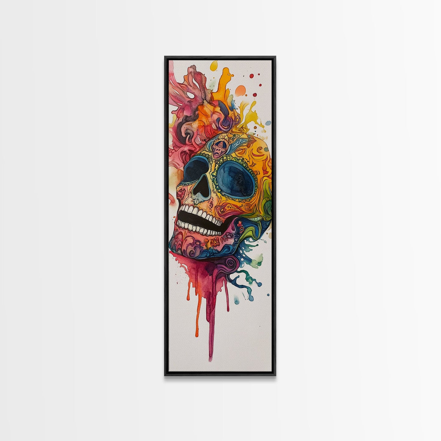 Sugar Skull Painting Print, Mexicano Wall Art, Framed Canvas, Tall Narrow Art, Skinny Accent Piece, Skull Painting, Skull Art, Chicano Art