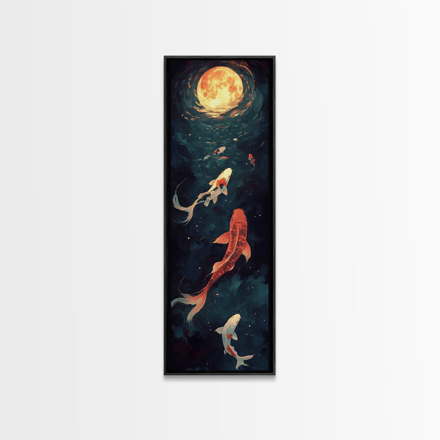 Koi Fish Under a Full Moon, Framed Canvas Print, Wabi Sabi Home Decor, Funky Boho Wall Art, Tall Skinny Art, Narrow Tall Wall Art