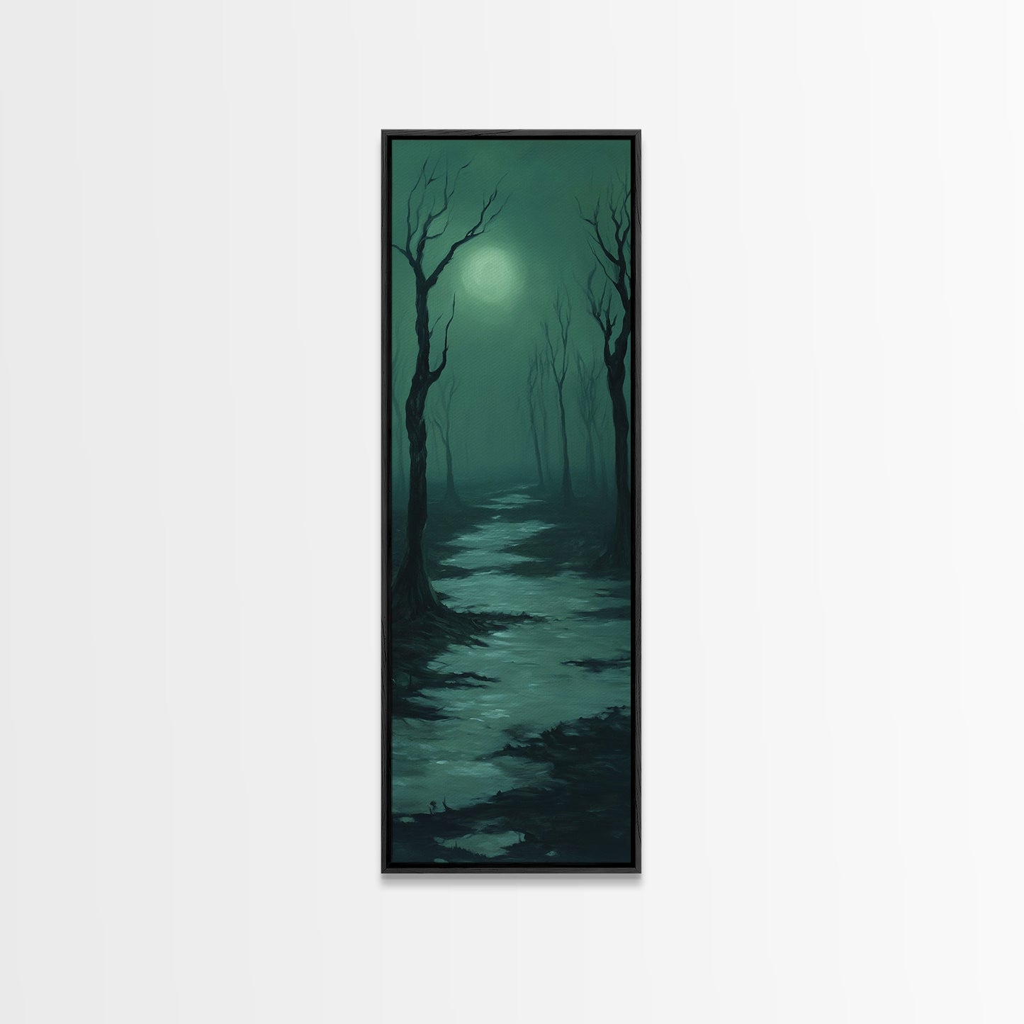 Framed Canvas Print of Forest at Dusk Painting in Teal, Moody Art, Dark Romance Painting, Above Bed Wall Art, Tall Narrow Art, Unique Gift Idea