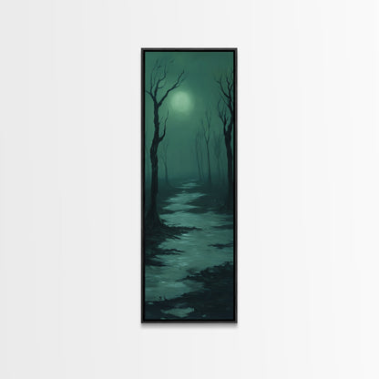 Framed Canvas Print of Forest at Dusk Painting in Teal, Moody Art, Dark Romance Painting, Above Bed Wall Art, Tall Narrow Art, Unique Gift Idea