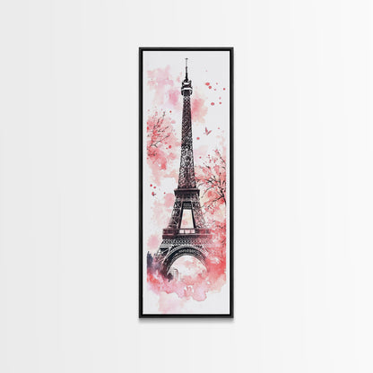 Eiffel Tower Wall Art Framed Canvas Print, Cherry Blossom Painting Vertical Paris Decor, Pink Dorm Art, French Travel-Inspired Gift