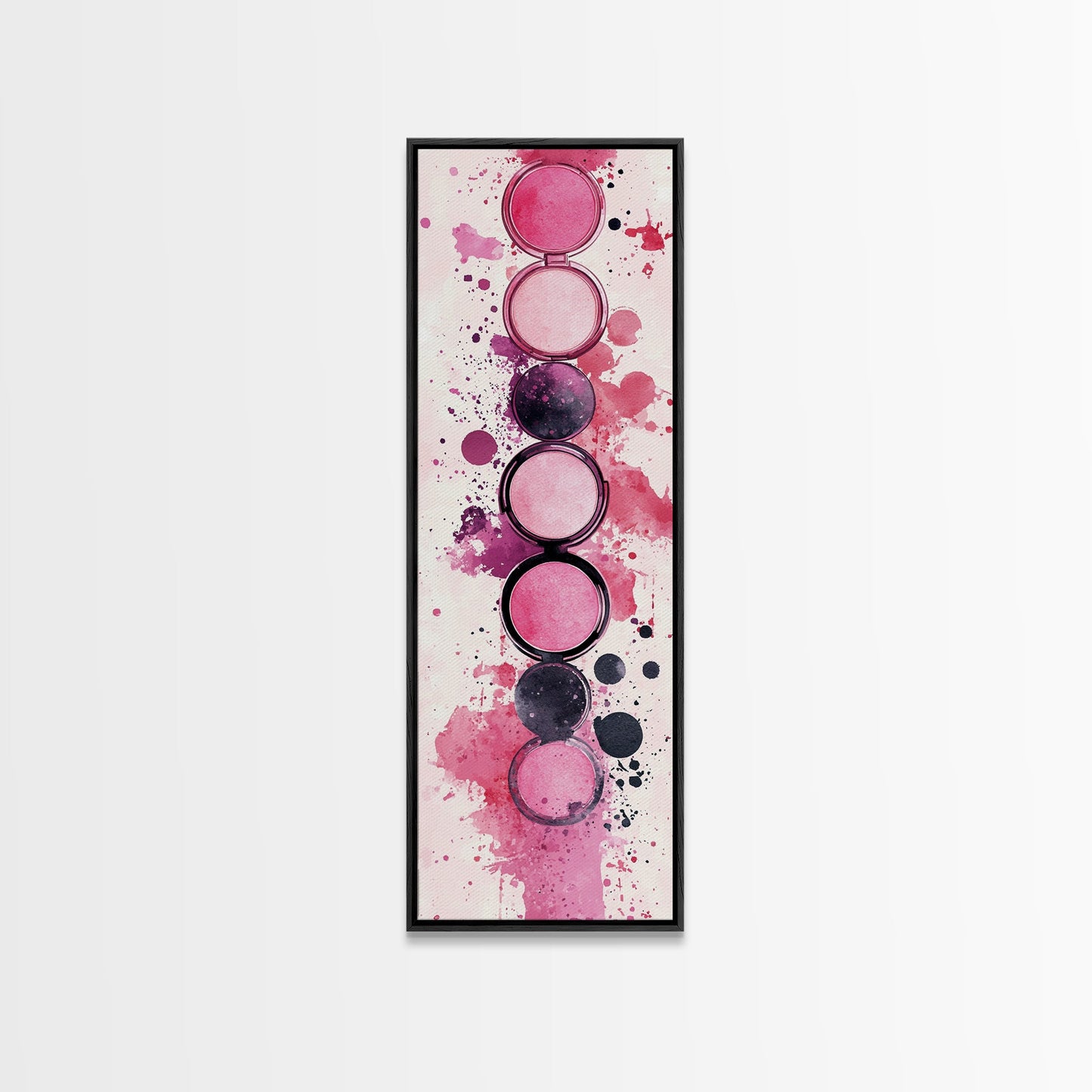 Makeup Palette Canvas Print, modern pink abstract art with splatter design, bold vertical wall art, unique wabi sabi minimalist print.