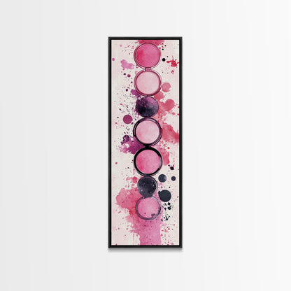 Makeup Palette Canvas Print, modern pink abstract art with splatter design, bold vertical wall art, unique wabi sabi minimalist print.