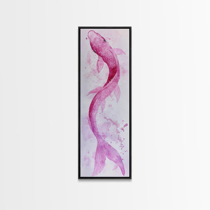 Koi Fish Canvas Print - Pink Whimsical Art, Minimalist Japanese Fish Painting, Skinny Wall Art, Peaceful Above Sofa Artwork