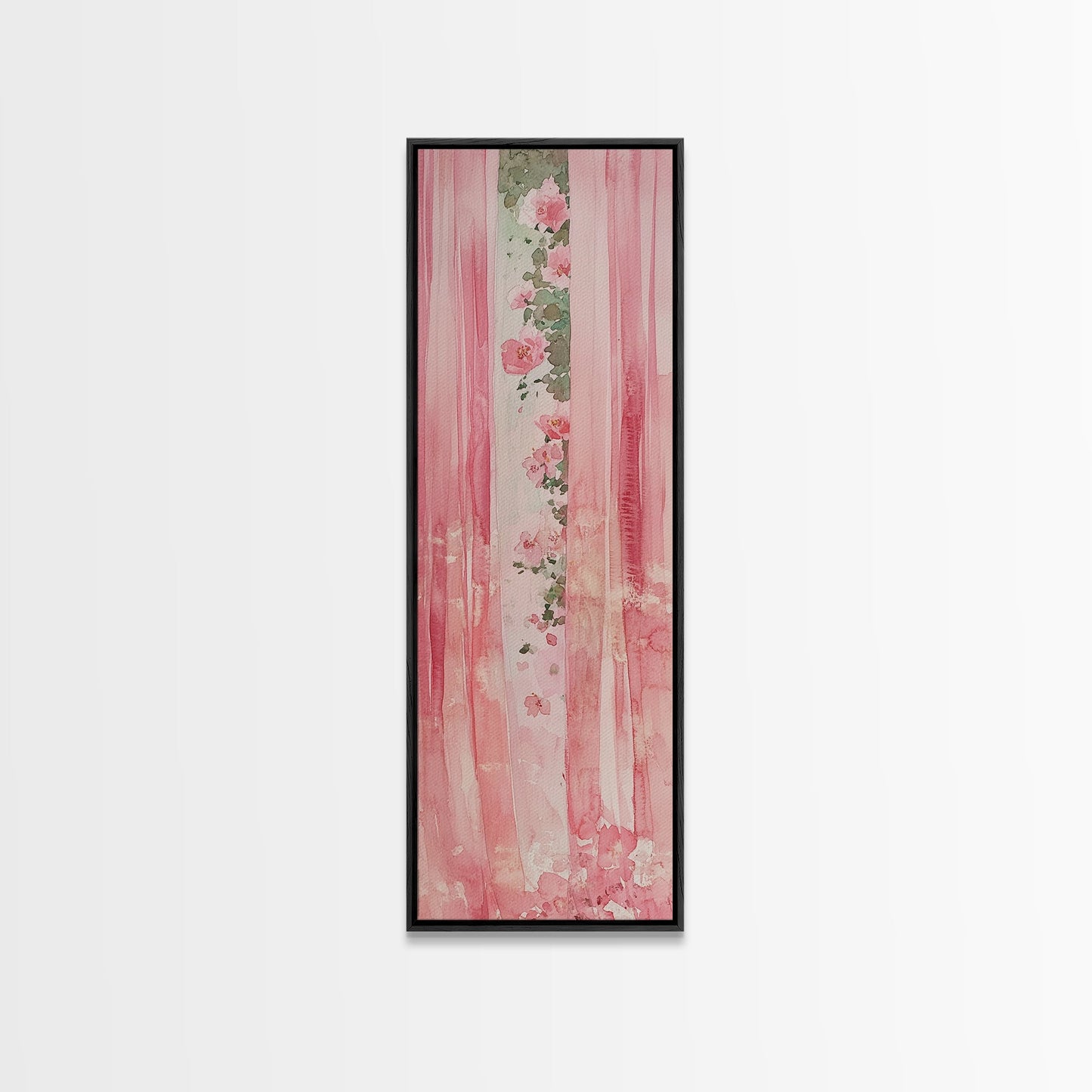Pink Floral Curtains Framed Canvas Print Whimsical Art Light Pink Wall Art Vertical Wall Art Minimalist Art Rustic Decor Gift