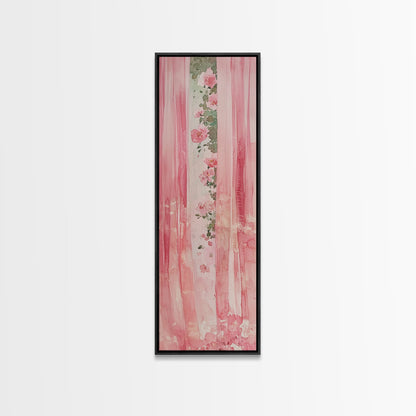 Pink Floral Curtains Framed Canvas Print Whimsical Art Light Pink Wall Art Vertical Wall Art Minimalist Art Rustic Decor Gift
