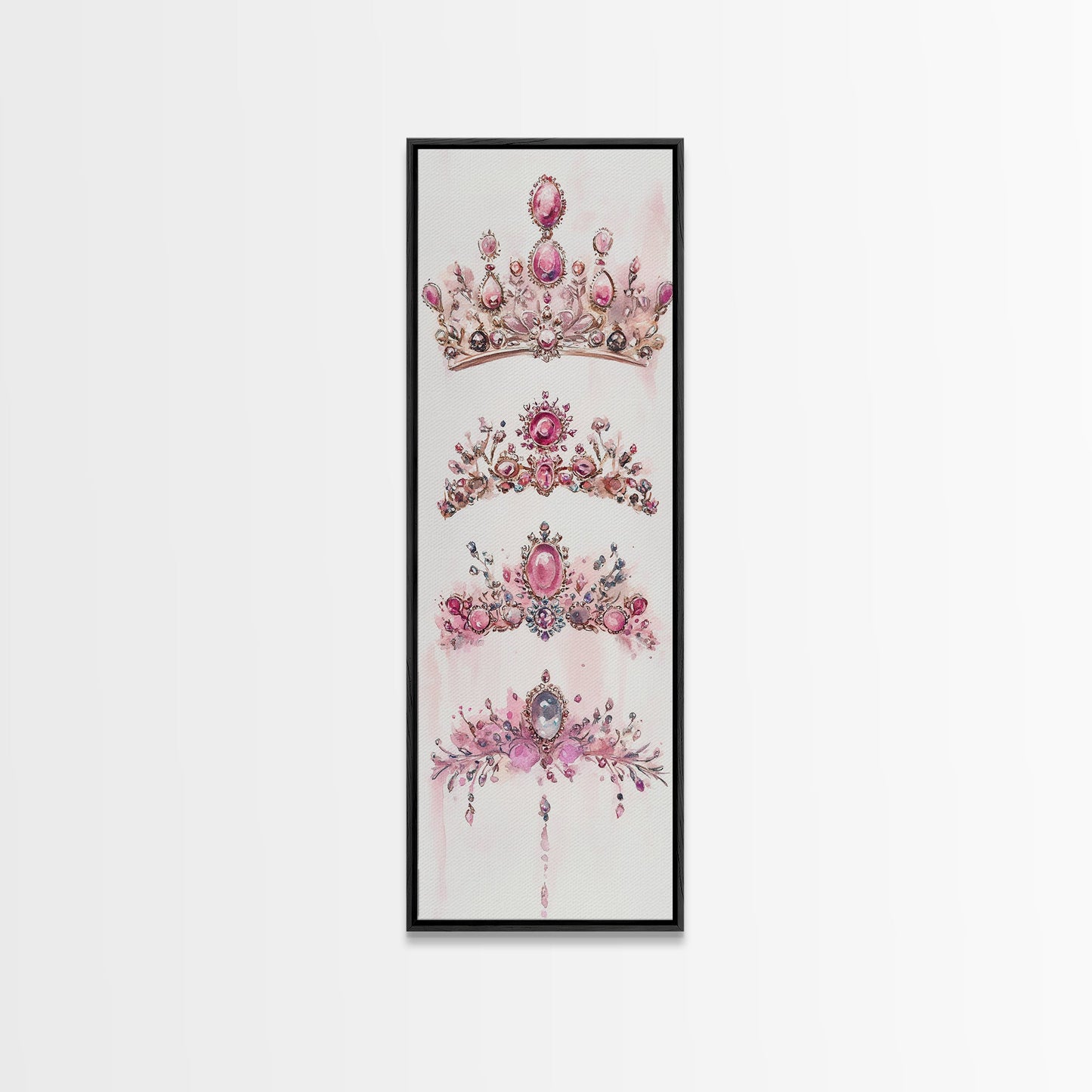 Royal Pink Tiara Framed Canvas Print Princess Gemstone Painting Feminine Wabi Sabi Art Vertical Wall Art Elegant Home Decor