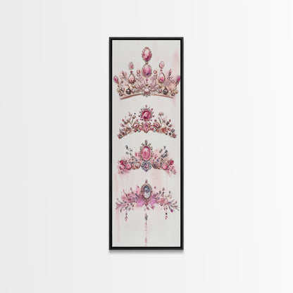 Royal Pink Tiara Framed Canvas Print Princess Gemstone Painting Feminine Wabi Sabi Art Vertical Wall Art Elegant Home Decor