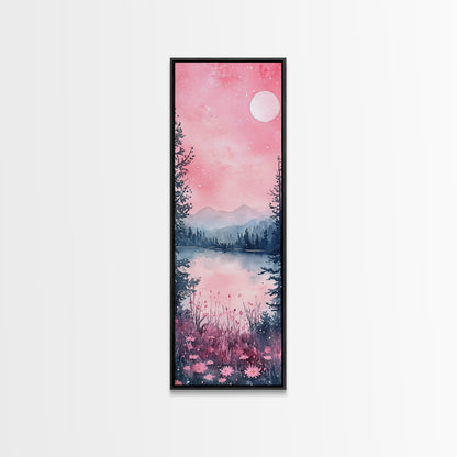 Moonlit Pink Forest Canvas Print, Moody Mountain Landscape Painting, Wildflower Rustic Vertical Wall Art, Cozy Living Room Decor