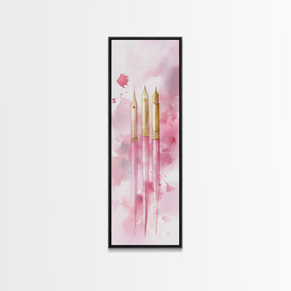 Pink Fountain Pens Canvas Print Whimsical Art Writer’s Gift Minimalist Art Living Room Decor Unique Office Wall Art Illustration