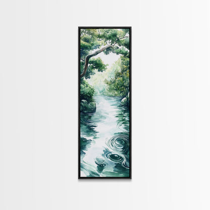 Serene Forest Stream Framed Canvas Print Coastal Landscape Art Green Wall Art Rustic Decor Vertical Art Guest Room Wall Decor