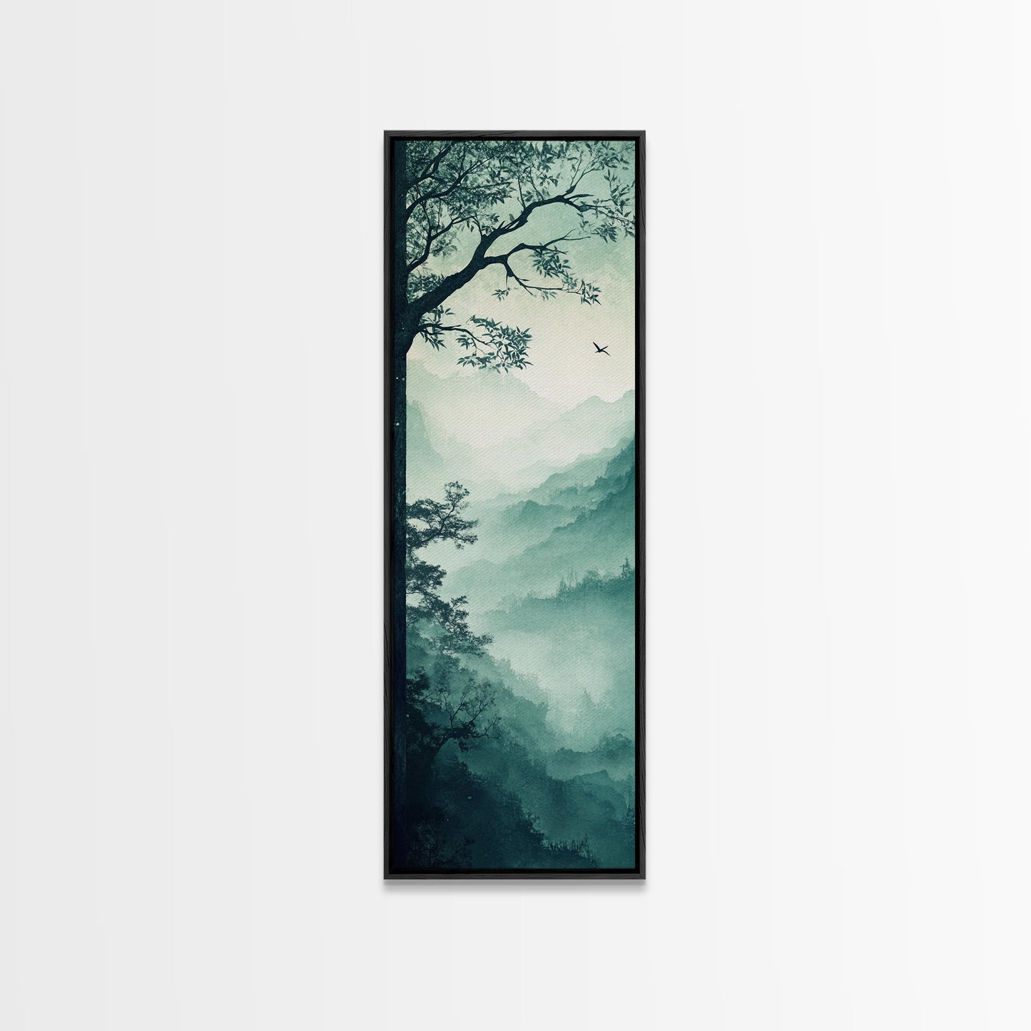 Misty Forest Panorama Framed Canvas Print Southwest Wall Art Vertical Nature Scene Above Couch Art Smoky Mountain Landscape