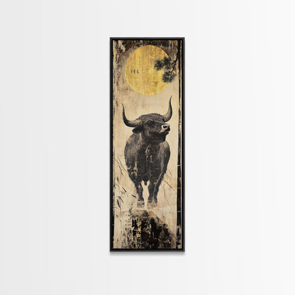Modern Bull Artwork Framed Canvas Print, Rustic Animal Wall Art, Farmhouse Decor, Vertical Skinny Art, Pine Tree Moonlight Scene