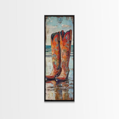 Rustic Cowboy Boots Canvas Print, Coastal Cowgirl Wall Art, Farmhouse Rustic Decor, Western Style Vertical Skinny Artwork